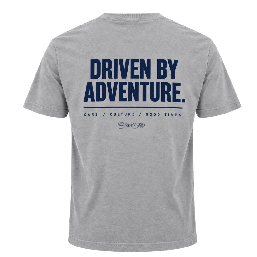 Back view of Grey Cool Flo t-shirt with 'Driven By Adventure' printed in navy and the strapline 'Cars/Culture/Good Times 'and a Cool Flo logo below.