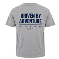 Back view of Grey Cool Flo t-shirt with 'Driven By Adventure' printed in navy and the strapline 'Cars/Culture/Good Times 'and a Cool Flo logo below.