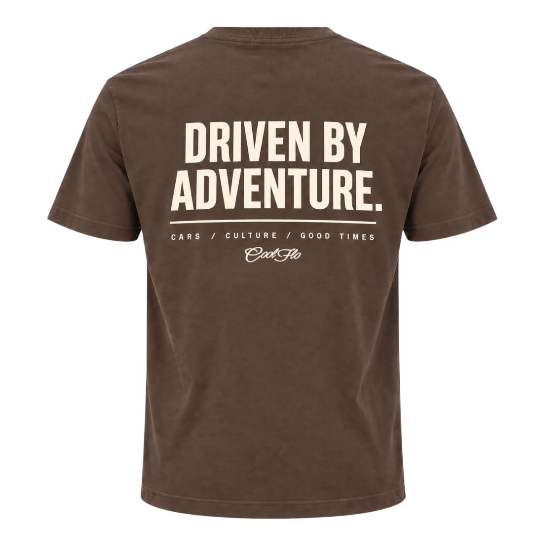 Back view of Mocha Cool Flo t-shirt with 'Driven By Adventure' printed in cream and the strapline 'Cars/Culture/Good Times 'and a Cool Flo logo below.