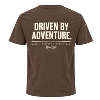 Back view of Mocha Cool Flo t-shirt with 'Driven By Adventure' printed in cream and the strapline 'Cars/Culture/Good Times 'and a Cool Flo logo below.