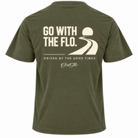 Back view of Cool Flo khaki t-shirt, featuring a cream graphic print that reads 'GO WITH THE FLO.' A winding road and dipping sun illustration sits above the phrase 'DRIVEN BY THE GOOD TIMES' and a central 'Cool Flo' logo.