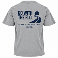 Back view of Cool Flo grey t-shirt, featuring a navy graphic print that reads 'GO WITH THE FLO.' A winding road and dipping sun illustration sits above the phrase 'DRIVEN BY THE GOOD TIMES' and a central 'Cool Flo' logo.