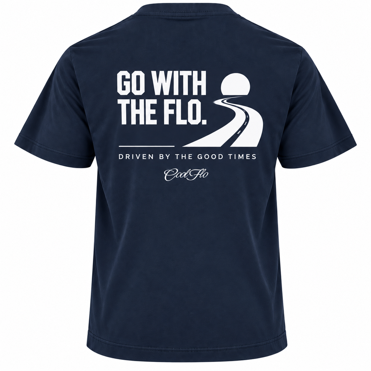 Back view of Cool Flo navy blue t-shirt, featuring a white graphic print that reads 'GO WITH THE FLO.' A winding road and dipping sun illustration sits above the phrase 'DRIVEN BY THE GOOD TIMES' and a central 'Cool Flo' logo.