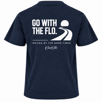 Back view of Cool Flo navy blue t-shirt, featuring a white graphic print that reads 'GO WITH THE FLO.' A winding road and dipping sun illustration sits above the phrase 'DRIVEN BY THE GOOD TIMES' and a central 'Cool Flo' logo.