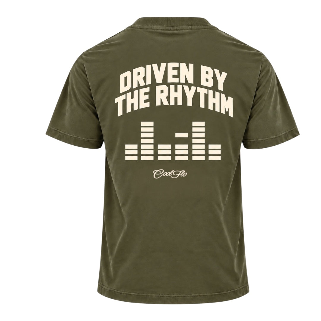 Back view of Cool Flo Khaki t-shirt with large text 'DRIVEN BY THE RHYTHM' with an equaliser graphic and Cool Flo script logo below, all printed in cream.