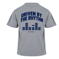 Back view of Cool Flo grey t-shirt with large text 'DRIVEN BY THE RHYTHM' with an equaliser graphic and Cool Flo script logo below, all printed in navy.