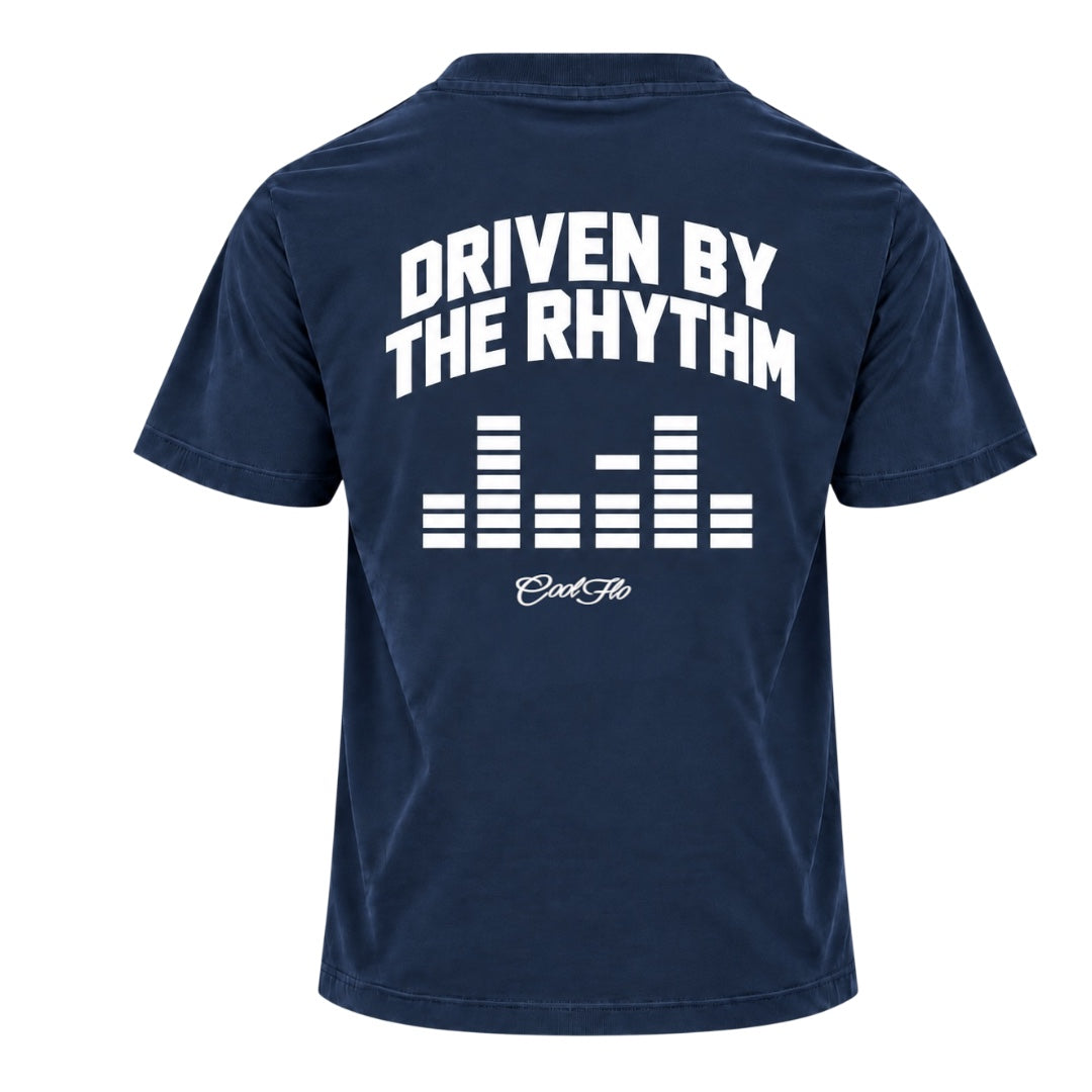 Back view of Cool Flo navy t-shirt with large text 'DRIVEN BY THE RHYTHM' with an equaliser graphic and Cool Flo script logo below, all printed in white.