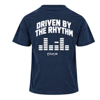 Back view of Cool Flo navy t-shirt with large text 'DRIVEN BY THE RHYTHM' with an equaliser graphic and Cool Flo script logo below, all printed in white.