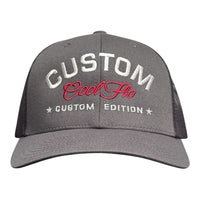 Cool Flo Custom Edition Dark Grey Trucker Cap with silver custom embroidery and burgundy logo, front view.