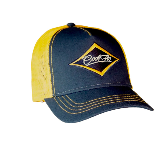 Navy and yellow/orange trucker cap with an embroidered Cool Flo logo in a diamond design.