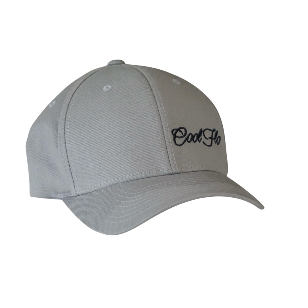 Silver grey flex-fit baseball cap with dark grey embroidered script logo to one side.