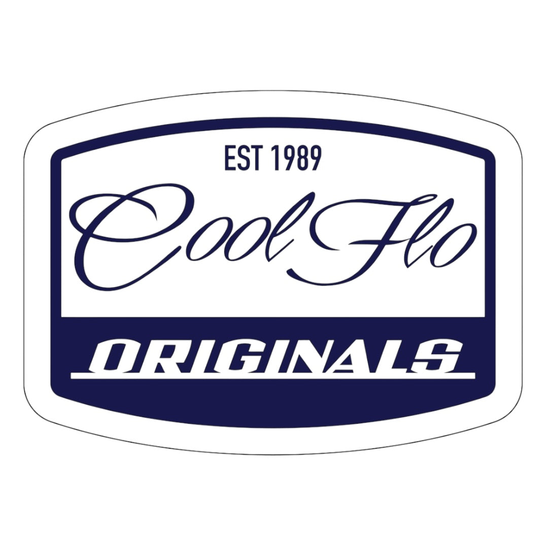 Cool Flo navy and white sticker design featuring Cool Flo logo  and 'Originals' and 'Est. 1989' text.