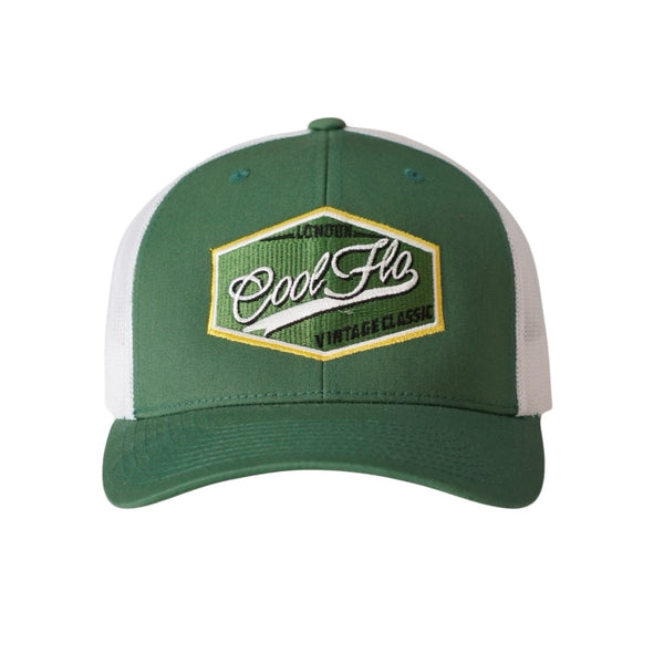 Cool Flo Vintage Classic Trucker Cap in fir green and white with an embroidered badge design with a retro feel. London - Cool Flo - Vintage Classic.