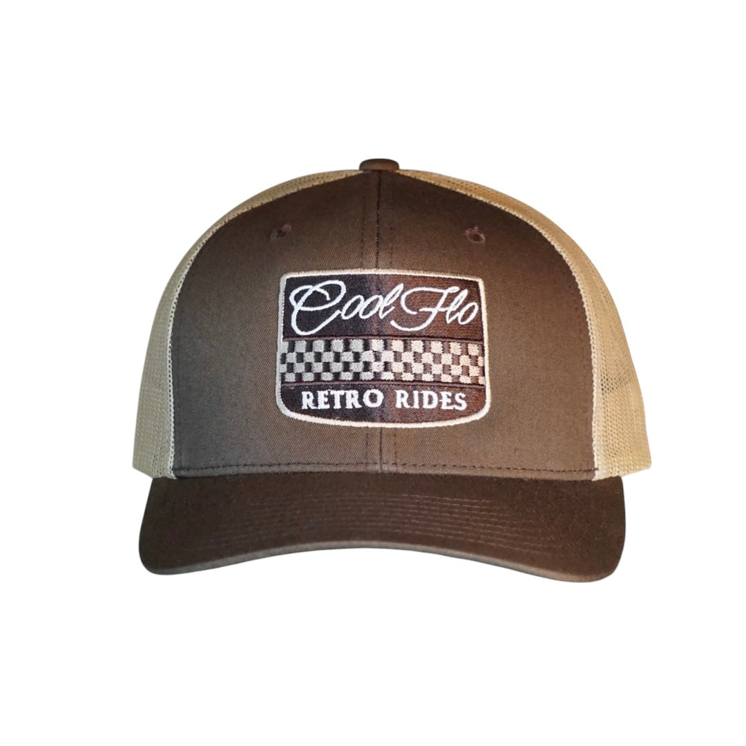 Cool Flo Retro Rides brown trucker cap with embroidered chequered badge design in white, cream and brown