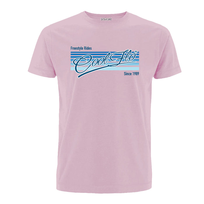 Cool Flo Freestyle Ride pink t-shirt with blue and white print. 