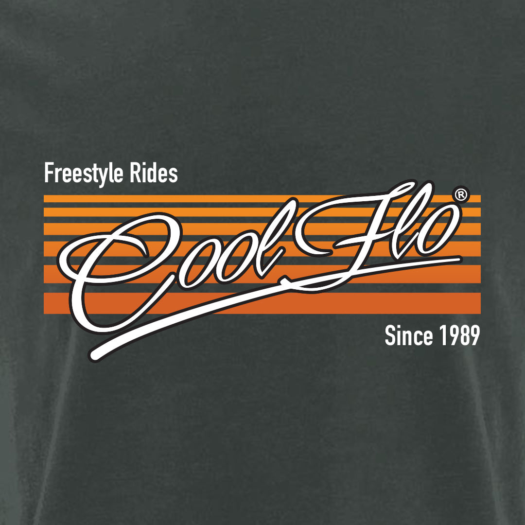 Cool Flo 'Freestyle Rides' charcoal tee-shirt with orange and white print.