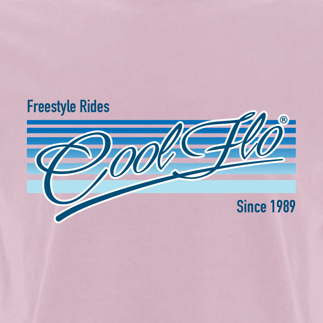 Cool Flo Freestyle Rides pink t-shirt with blue and white print. 