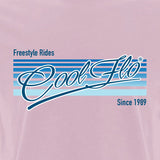 Cool Flo Freestyle Rides pink t-shirt with blue and white print. 