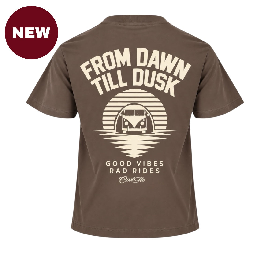 'NEW' Back view of Cool Flo mocha t-shirt, featuring a cream print with 'From Dawn till Dusk' with a linear graphic design with a VW split-screen campervan and the words 'Good Vibes Rad Rides' and the Cool Flo logo beneath.