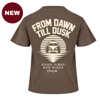 'NEW' Back view of Cool Flo mocha t-shirt, featuring a cream print with 'From Dawn till Dusk' with a linear graphic design with a VW split-screen campervan and the words 'Good Vibes Rad Rides' and the Cool Flo logo beneath.
