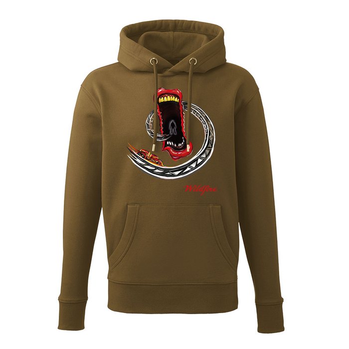 Leeroy Thornhill khaki hoodie with Fun Fair design, by Lena Thornhill, printed on the front.