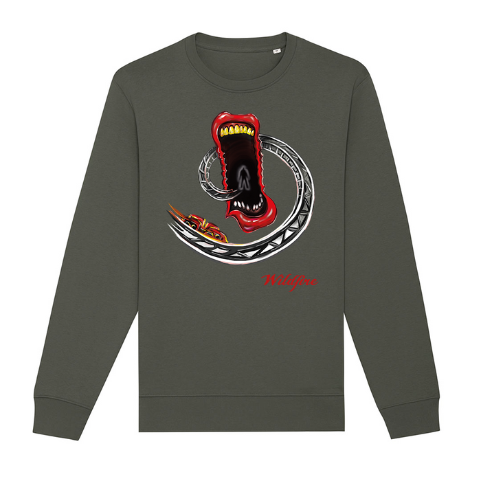 Khaki sweatshirt with Fun Fair design printed on the front.  Design by Lena Thornhill.