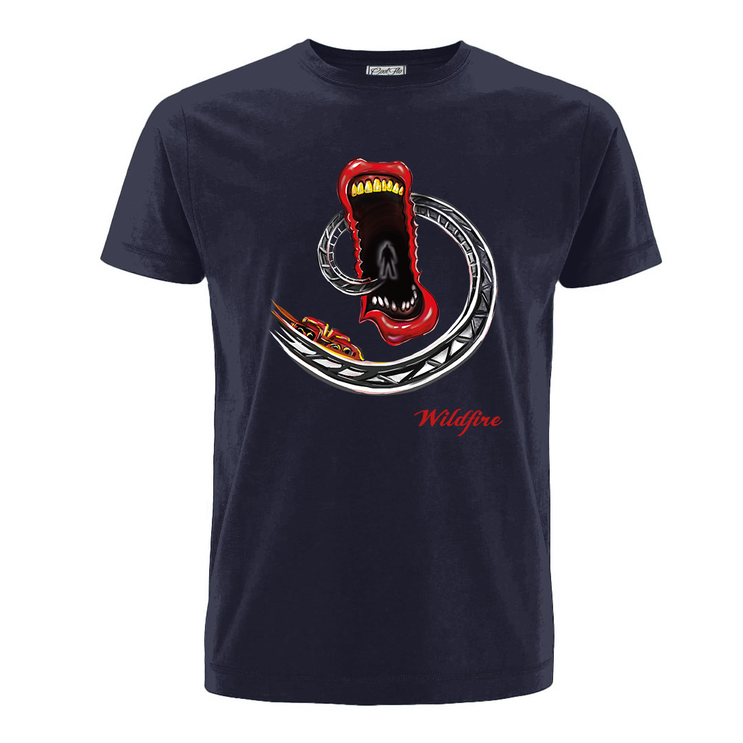 Leeroy Thornhill navy blue tee with 'Fun Fair' design, by Lena Thornhill, printed on the front.