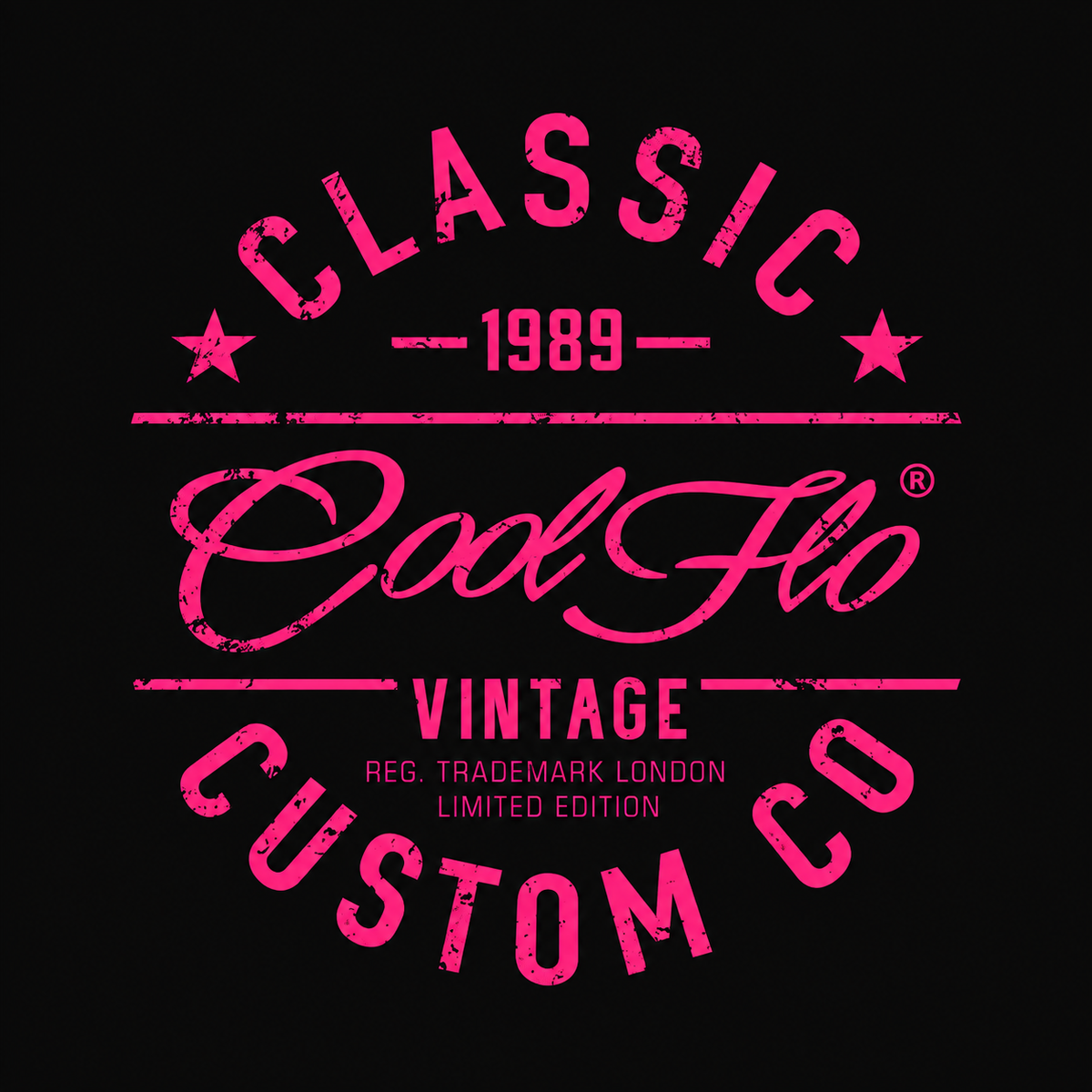 Close up image of Cool Flo Classic Custom Co. design. Fuschia on black.