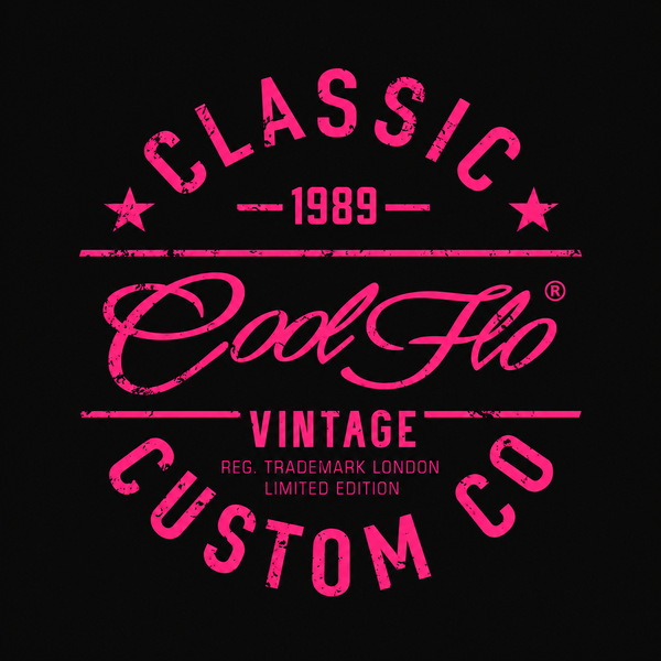 Close up image of Cool Flo Classic Custom Co. design. Fuschia on black.