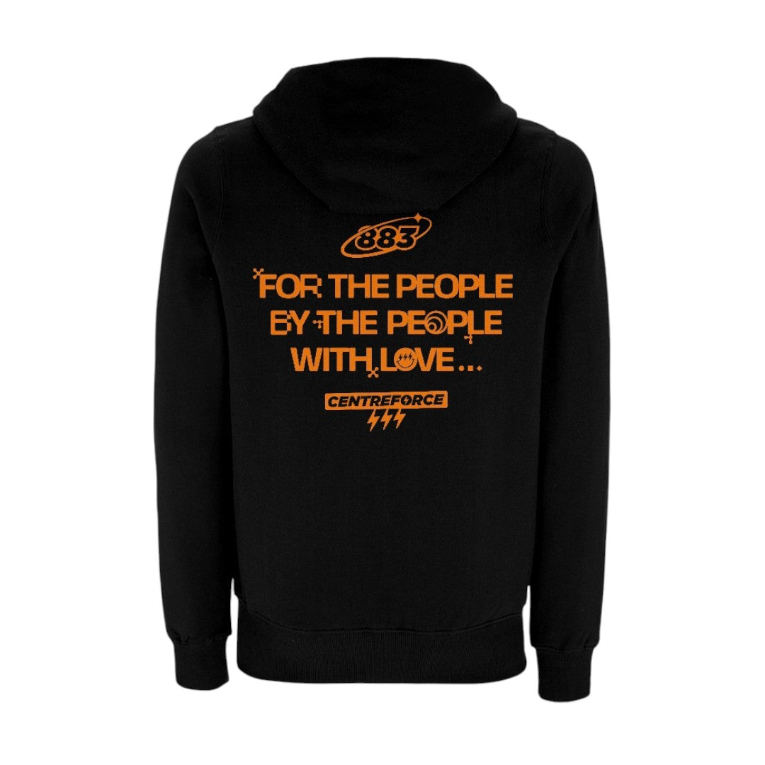 Black Centreforce 883 hoody with orange “For The People, By The People, With Love” graphic printed on the back.