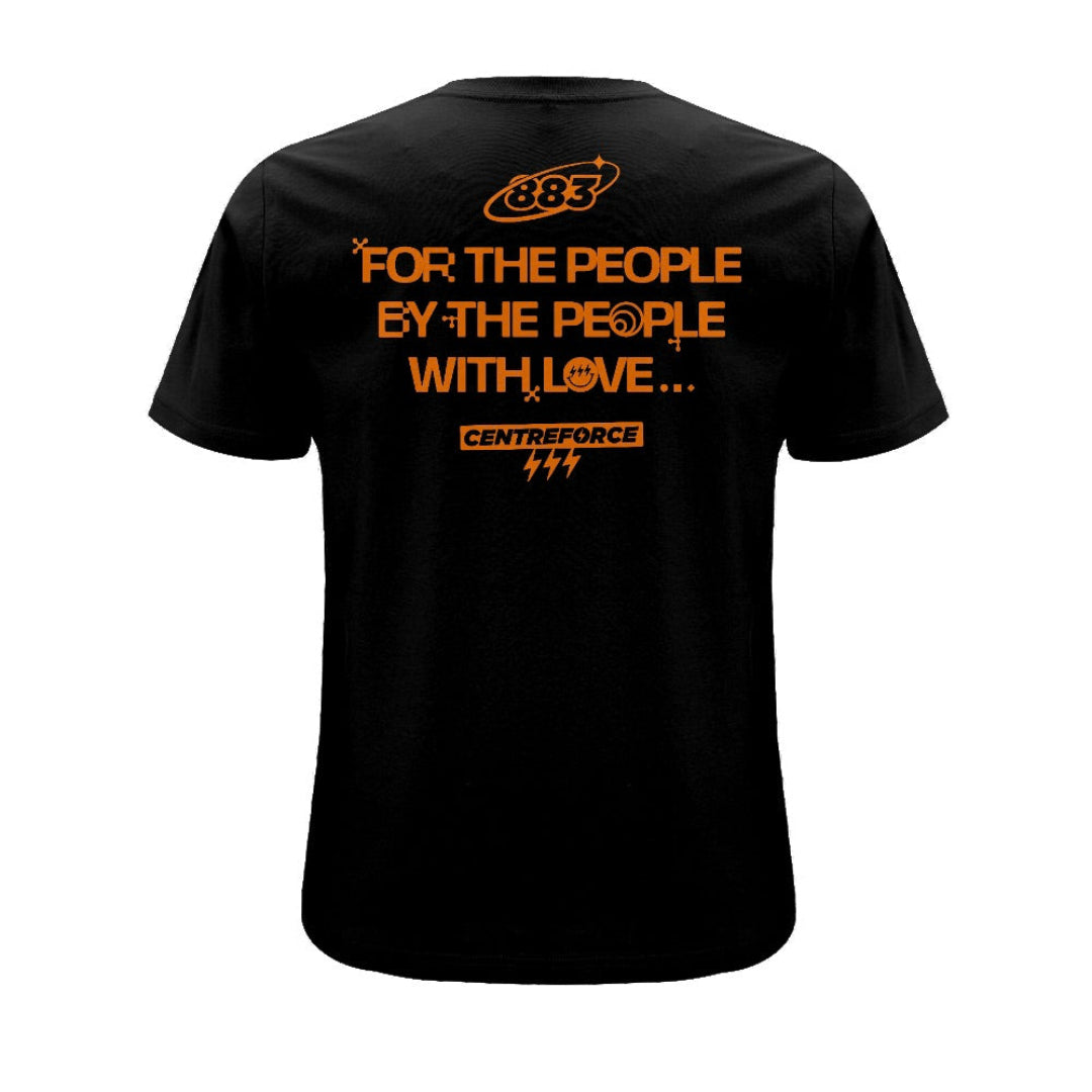 Black Centreforce 883 t-shirt with orange “For The People, By The People, With Love” graphic printed on the back.