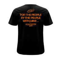 Black Centreforce 883 t-shirt with orange “For The People, By The People, With Love” graphic printed on the back.