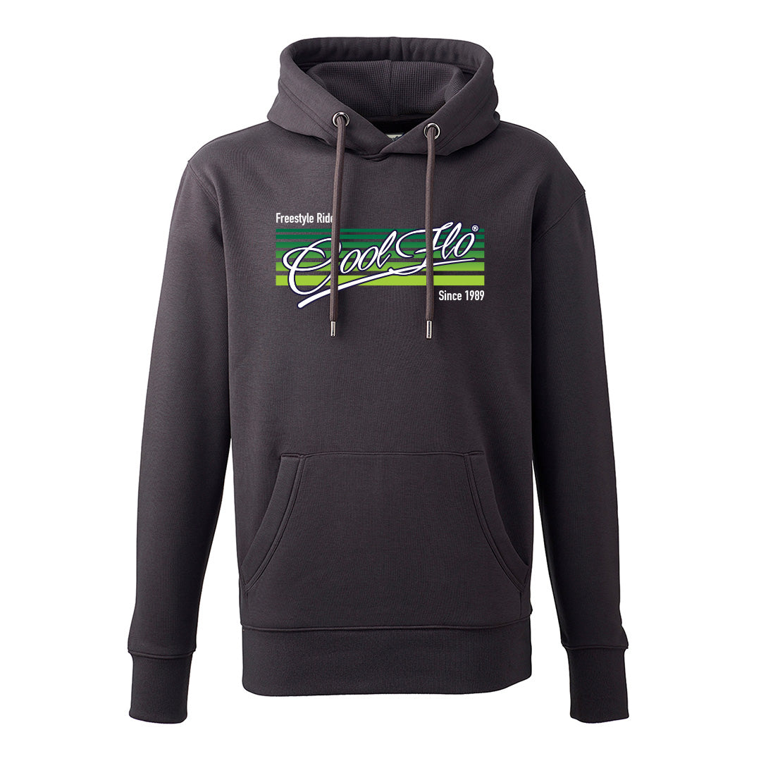 Cool Flo 'Freestyle Rides' charcoal hoody with green and white print on the front. 