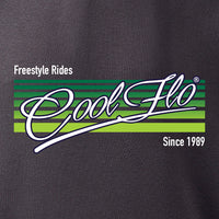 Cool Flo 'Freestyle Rides' charcoal hoody with green and white print on the front. 