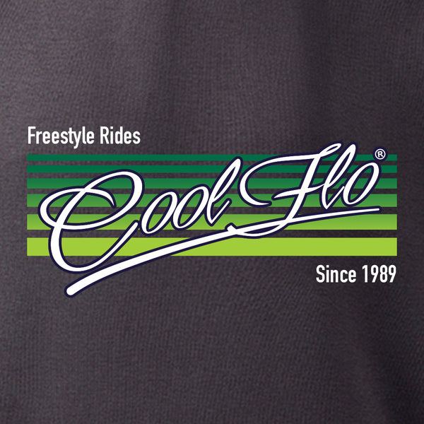 Cool Flo 'Freestyle Rides' charcoal hoody with green and white print on the front. 