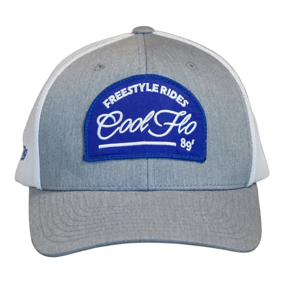 Front view of a Cool Flo Freestyle Rides trucker cap in Grey/White featuring an embroidered Freestyle Rides badge and curved visor