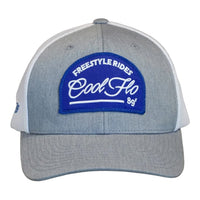 Front view of a Cool Flo Freestyle Rides trucker cap in Grey/White featuring an embroidered Freestyle Rides badge and curved visor