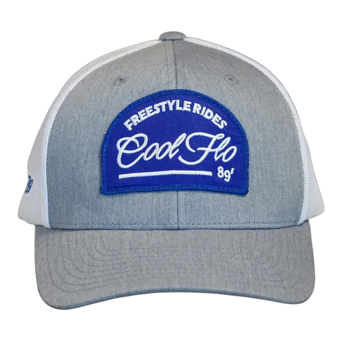 Front view of a Cool Flo Freestyle Rides trucker cap in Grey/White featuring an embroidered Freestyle Rides badge and curved visor