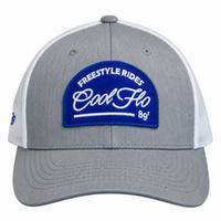 Front view of a Cool Flo Freestyle Rides trucker cap in Grey/White featuring an embroidered Freestyle Rides badge and curved visor.