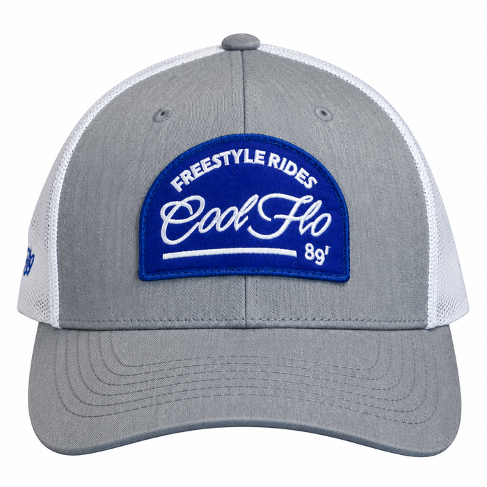 Front view of a Cool Flo Freestyle Rides trucker cap in Grey/White featuring an embroidered Freestyle Rides badge and curved visor.