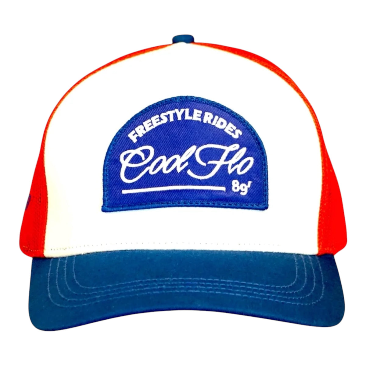 Front view of a Cool Flo Freestyle Rides trucker cap in Red/White/Blue featuring an embroidered Freestyle Rides badge and curved visor