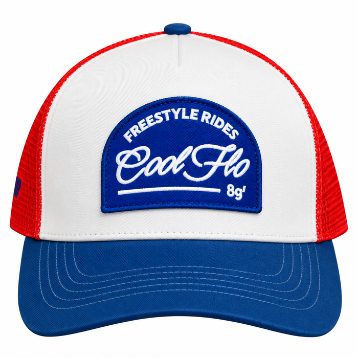 Front view of a Cool Flo Freestyle Rides trucker cap in Red/White/Blue featuring an embroidered Freestyle Rides badge and curved visor.