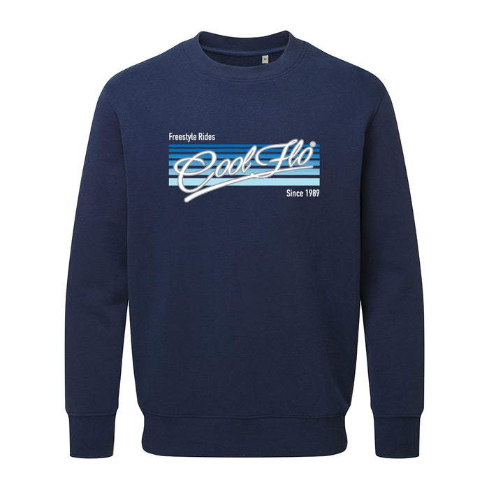 Cool Flo 'Freestyle Rides' navy sweatshirt with blue and white print on the front.