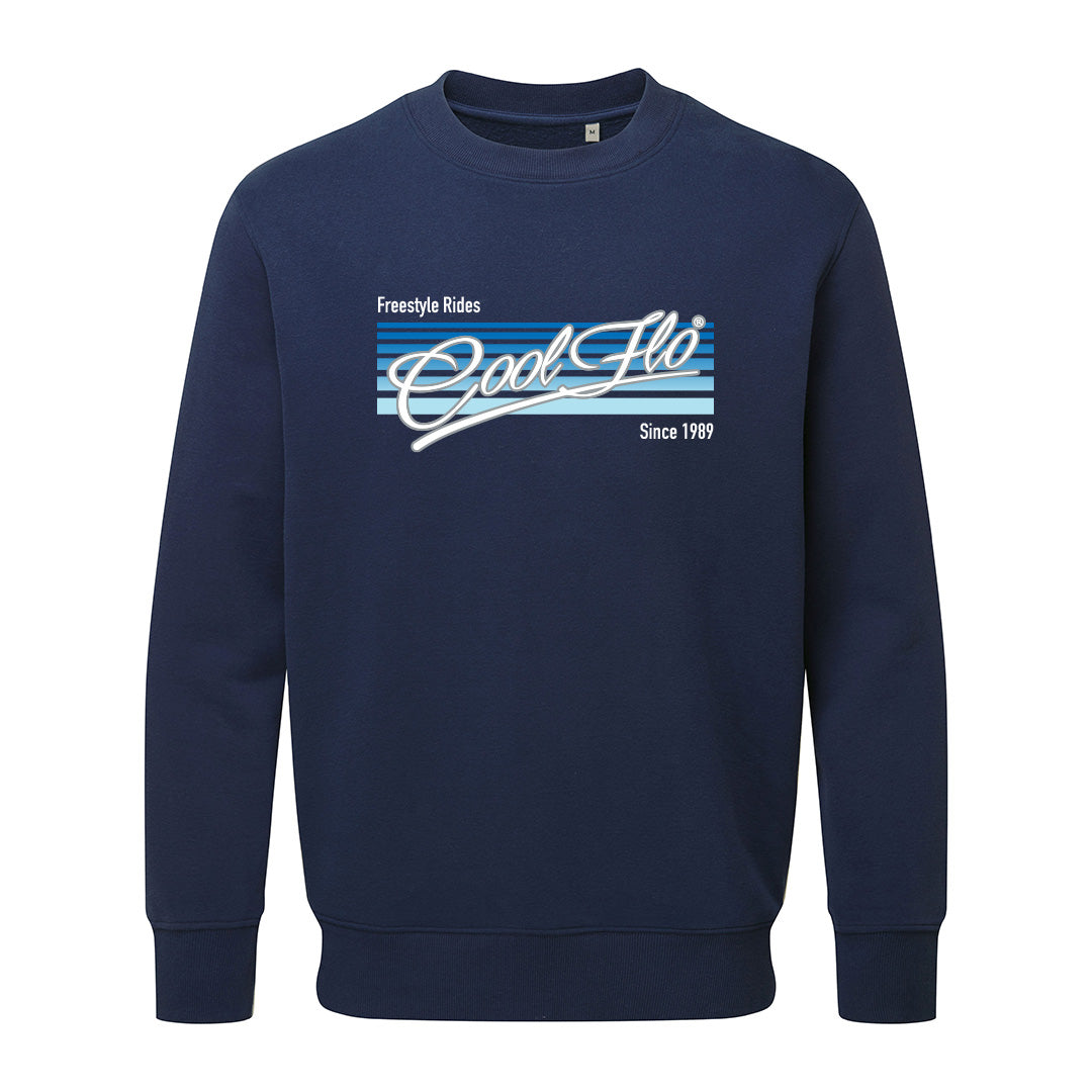 Cool Flo 'Freestyle Rides' navy sweatshirt with blue and white print on the front.