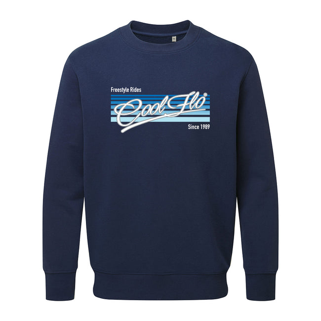 Cool Flo 'Freestyle Rides' navy sweatshirt with blue and white print on the front.