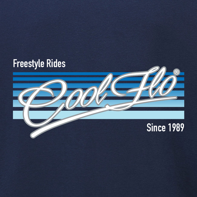 Cool Flo 'Freestyle Rides' navy sweatshirt with blue and white print on the front.