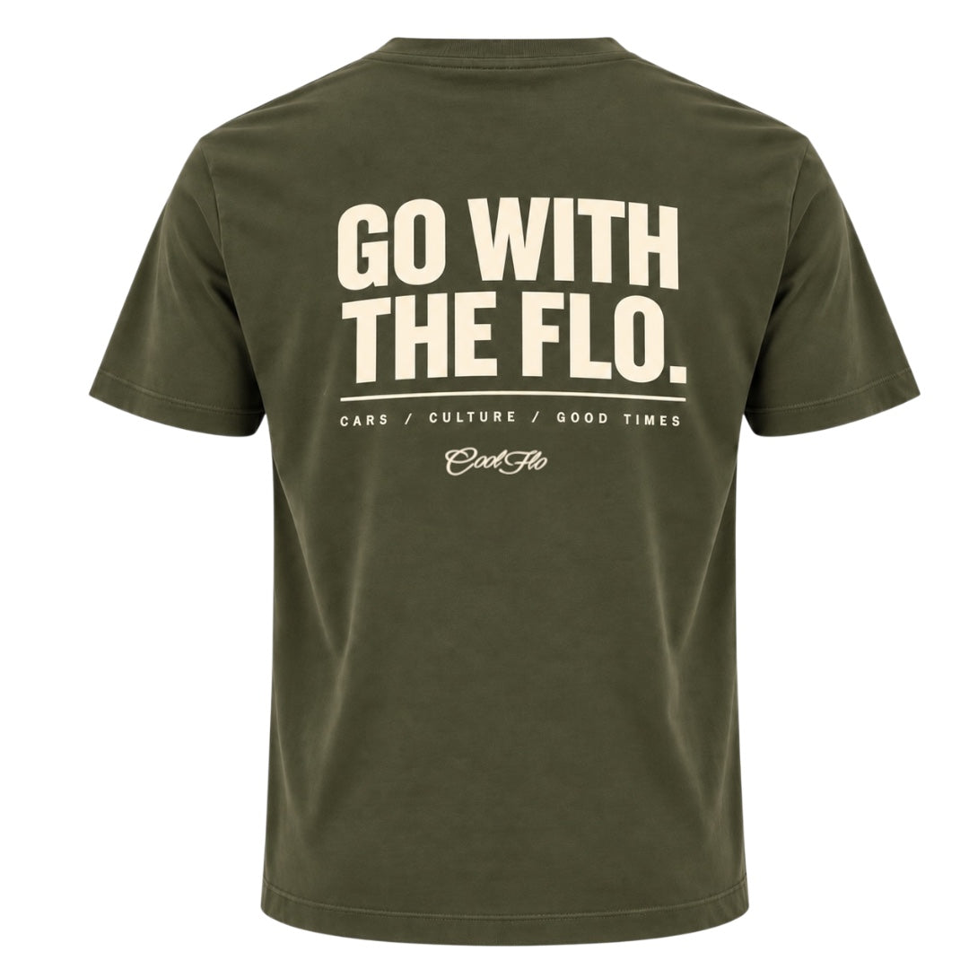 Back view of Cool Flo khaki t-shirt, featuring a  cream graphic print that reads 'GO WITH THE FLO.' with the strapline 'CARS/CULTURE/GOOD TIMES' and a central 'Cool Flo' logo below.