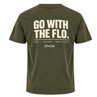 Back view of Cool Flo khaki t-shirt, featuring a  cream graphic print that reads 'GO WITH THE FLO.' with the strapline 'CARS/CULTURE/GOOD TIMES' and a central 'Cool Flo' logo below.