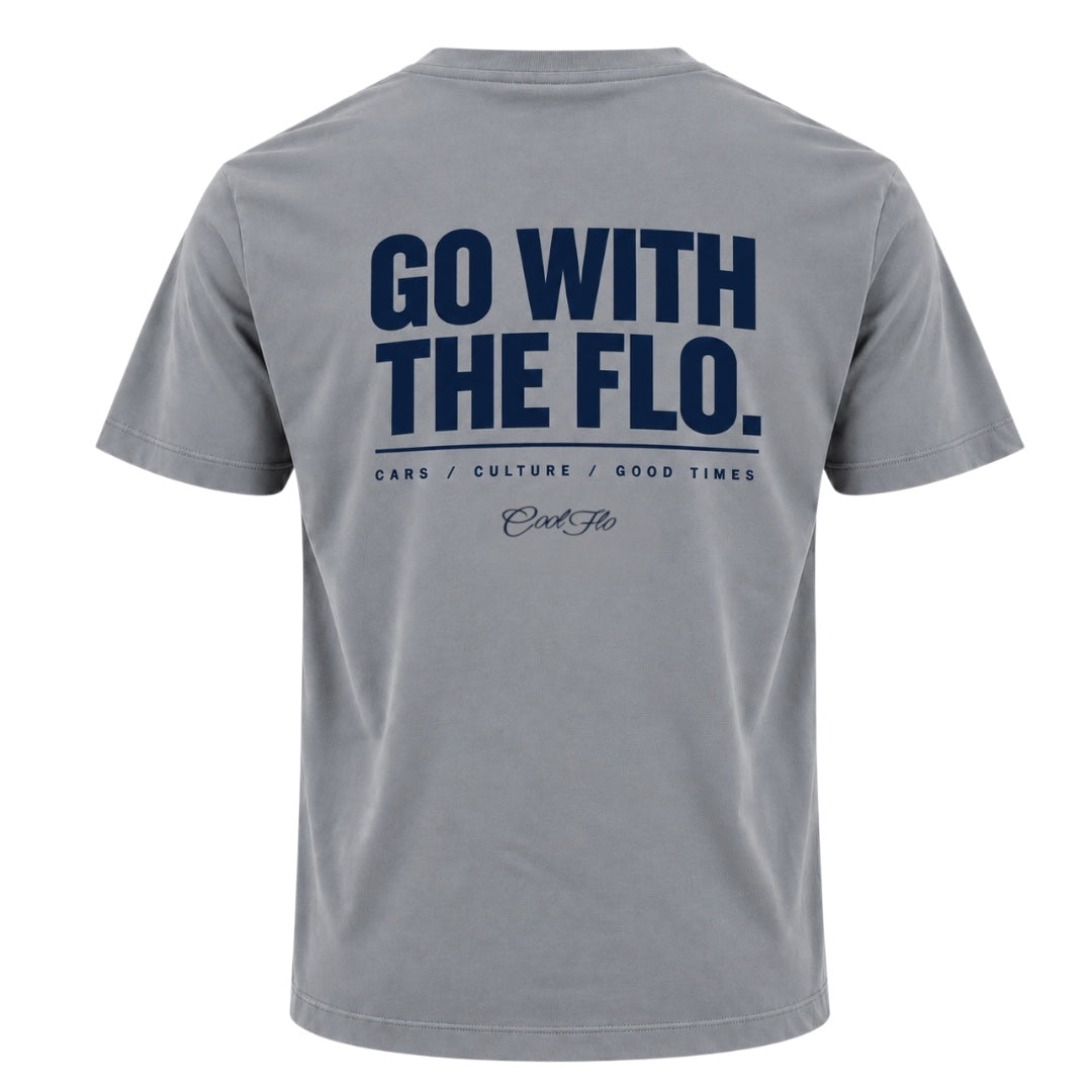 Back view of Cool Flo grey t-shirt, featuring a navy graphic print that reads 'GO WITH THE FLO.' with the strapline 'CARS/CULTURE/GOOD TIMES' and a central 'Cool Flo' logo below.