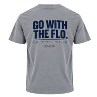 Back view of Cool Flo grey t-shirt, featuring a navy graphic print that reads 'GO WITH THE FLO.' with the strapline 'CARS/CULTURE/GOOD TIMES' and a central 'Cool Flo' logo below.